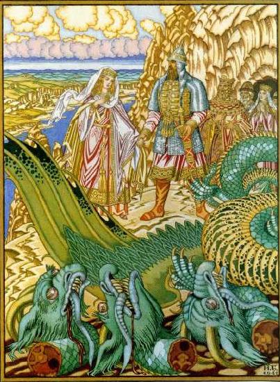 Ivan Bilibin Dobrynya Nikitich rescues Zabava from the dragon Gorynych Sweden oil painting art